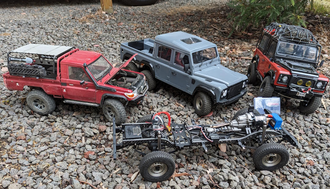 Craig's Boom Racing rigs, and an RC4WD rig with BRX80 axles under it.