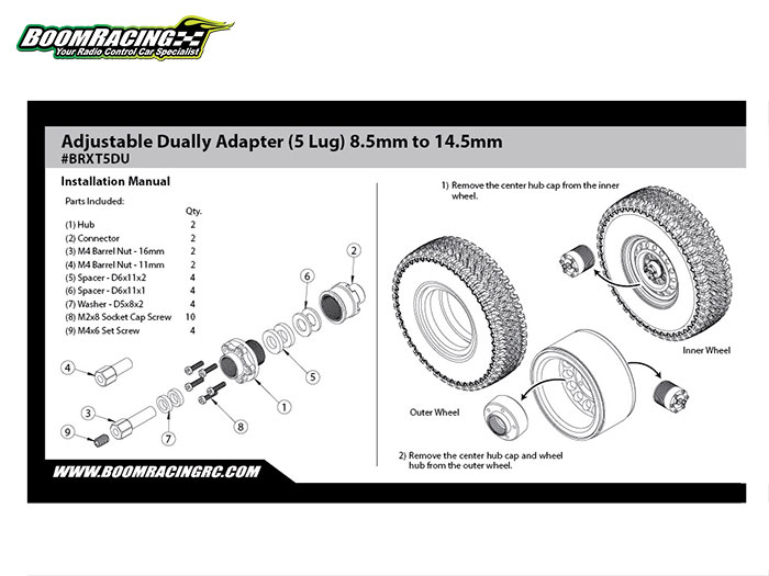Boom Racing Adjustable Dually Adapter for 5-Lug Beadlock Wheels BRXT5DU 