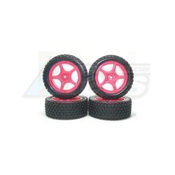 Kyosho Mini Inferno Plastic 5 Spoke Wheel And Tire Set For Mini Inferno - Fluorescent Pink by 3Racing