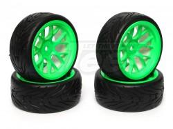 Miscellaneous All 1/10 Touring Wheel /tire Set  7-spoke Wheel (6mm Offset) + Devil Rubber Tire (4pcs) Green by Correct Model