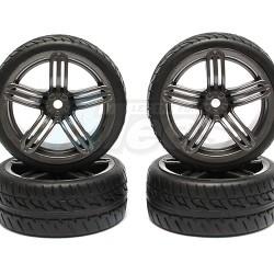 Miscellaneous All 1/10 Touring Wheel /tire Set  High Quality Triple-spoke Wheel (3mm Offset) + Racing Rubber Tire (4pcs) Gun Metal by Correct Model