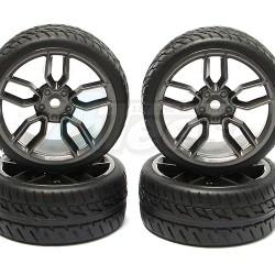 Miscellaneous All 1/10 Touring Wheel /tire Set  High Quality 5 Double Spoke Wheel (3mm Offset) + Racing Rubber Tire (4pcs) Gun Metal by Correct Model