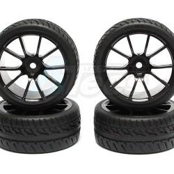 Miscellaneous All 1/10 Touring Wheel /tire Set  High Quality 9 Spoke Wheel (3mm Offset) + Racing Rubber Tire (4pcs) Black by Correct Model
