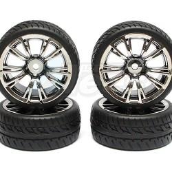 Miscellaneous All 1/10 Touring Wheel /tire Set  High Quality 10-twin-spoke Wheel (3mm Offset) + Devil Rubber Tire (4pcs) Chrome Gun Metal by Correct Model